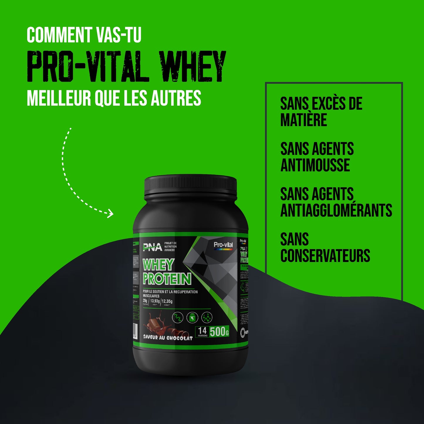 Whey Protein Pro-Vital 500g sans conservateurs, sans agents antimousse et sans agents antiagglomérants.