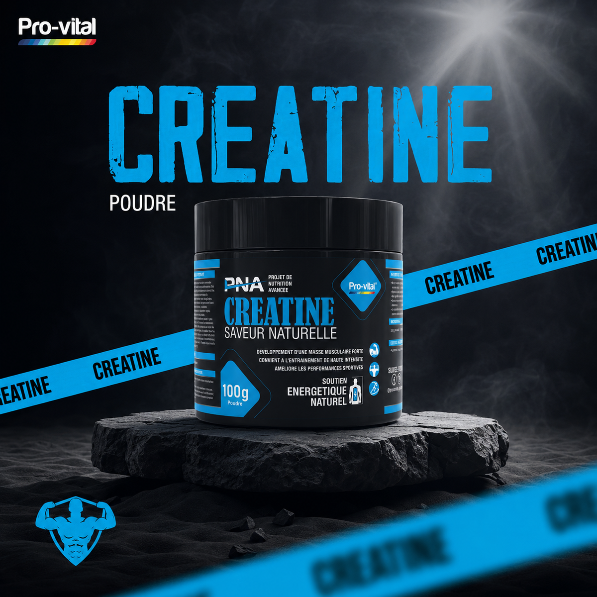 Boîte de créatine en poudre Pro-Vital 100g posée sur un socle de pierre noire, entourée de rubans bleus marqués du mot Creatine sous un faisceau de lumière intense.