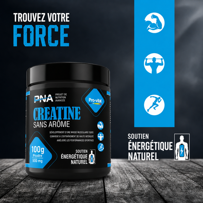 Pot de créatine monohydrate sans arôme PNA Pro-Vital de 100g sur une table en bois avec des icônes bleues illustrant la force musculaire et le soutien énergétique naturel.