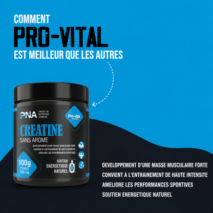 Infographie comparative montrant le pot de créatine sans arôme Pro-Vital mettant en avant le développement de la masse musculaire et l'amélioration des performances sportives.