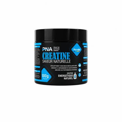 Pot noir de créatine en poudre saveur naturelle de la marque PNA et Pro-Vital de 100g, isolé sur un fond blanc épuré avec un reflet net à la surface.