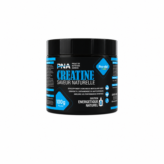 Pot noir de créatine en poudre saveur naturelle de la marque PNA et Pro-Vital de 100g, isolé sur un fond blanc épuré avec un reflet net à la surface.