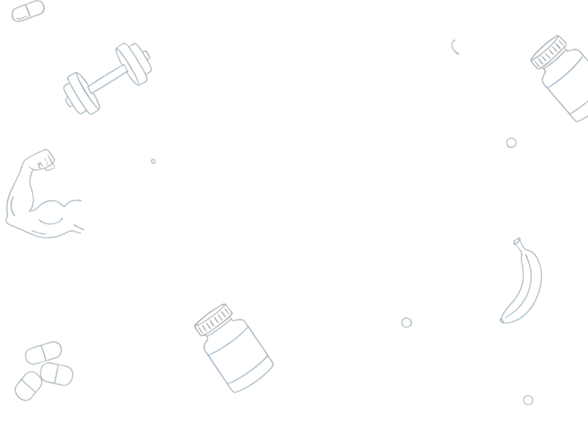 White icons of a dumbbell, flexed bicep, bottle, and banana on a white background