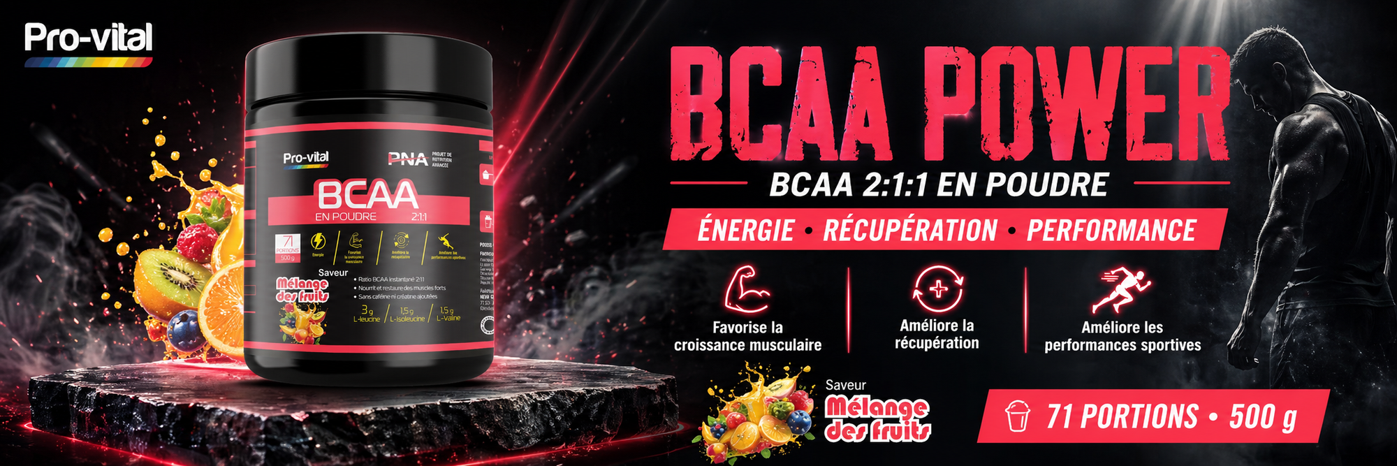 Supplément BCAA Power Pro-Vital pour la récupération et l'énergie : Favorise la croissance musculaire et améliore les performances sportives au Congo.