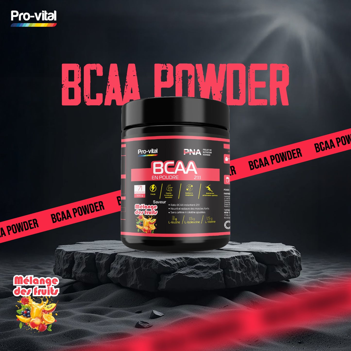 Supplément BCAA en poudre Pro-Vital saveur mélange des fruits sur un socle de roche pour la musculation.
