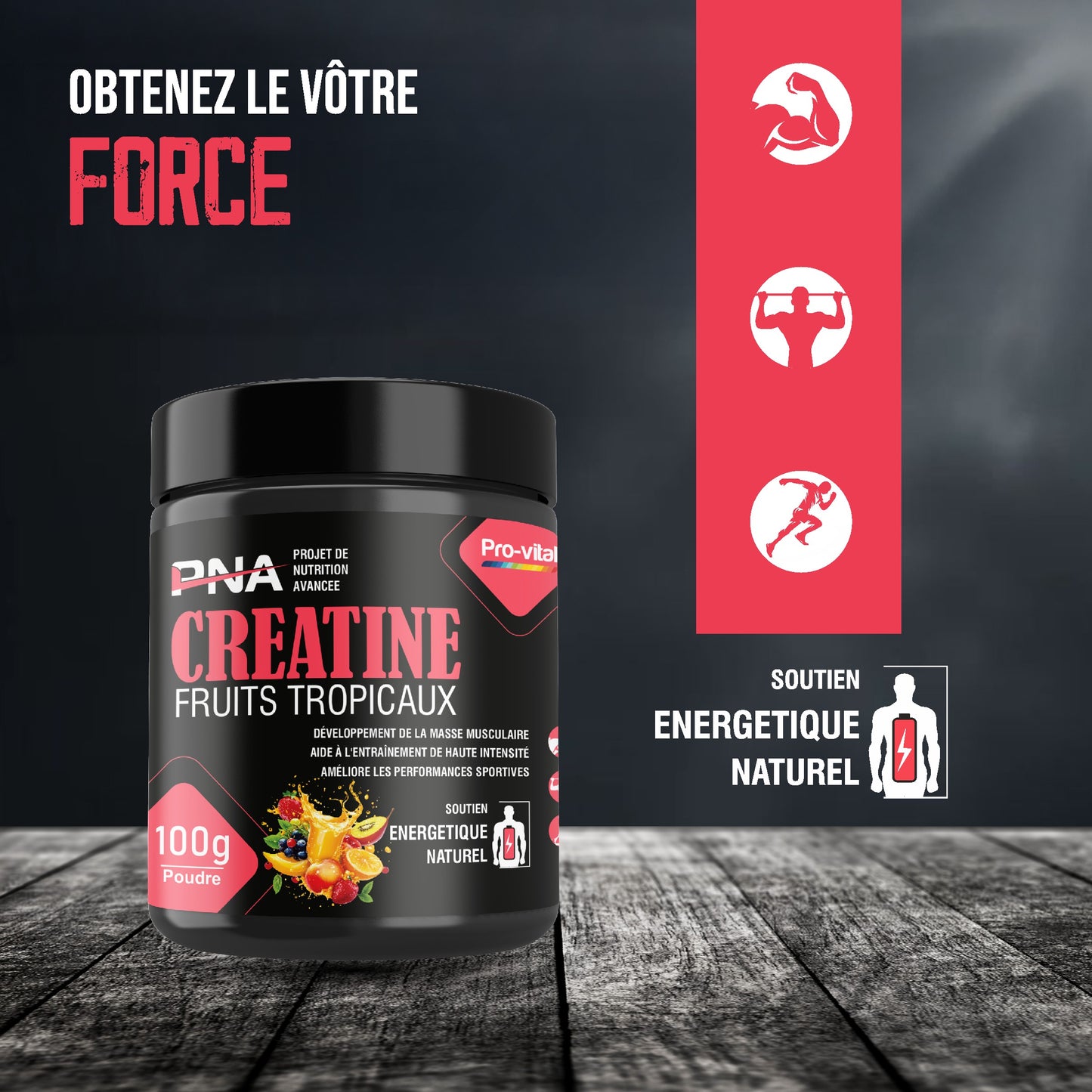 Bienfaits de la créatine Pro-Vital : soutien énergétique naturel, force et amélioration des performances sportives.