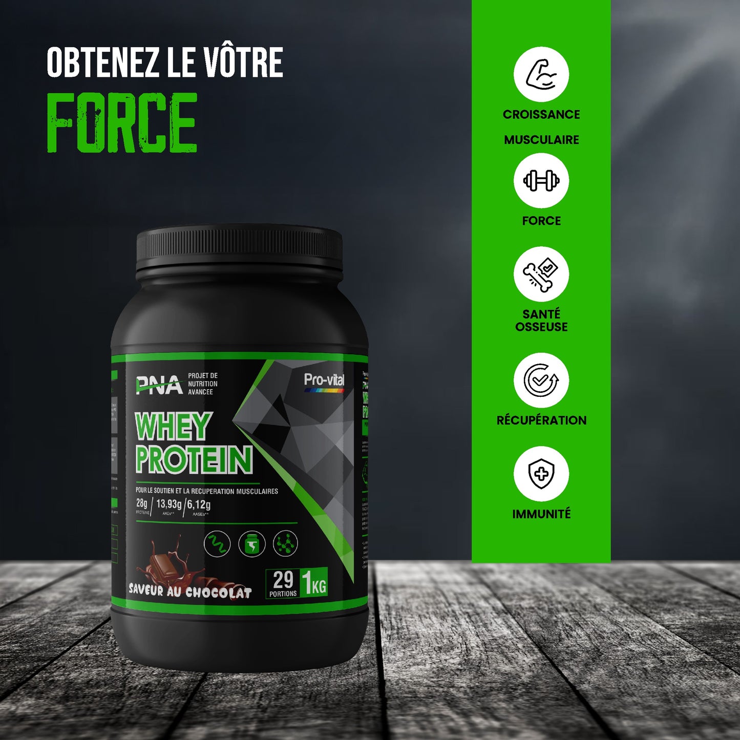 Avantages de la Whey Pro-Vital : croissance musculaire, force, récupération rapide et immunité.
