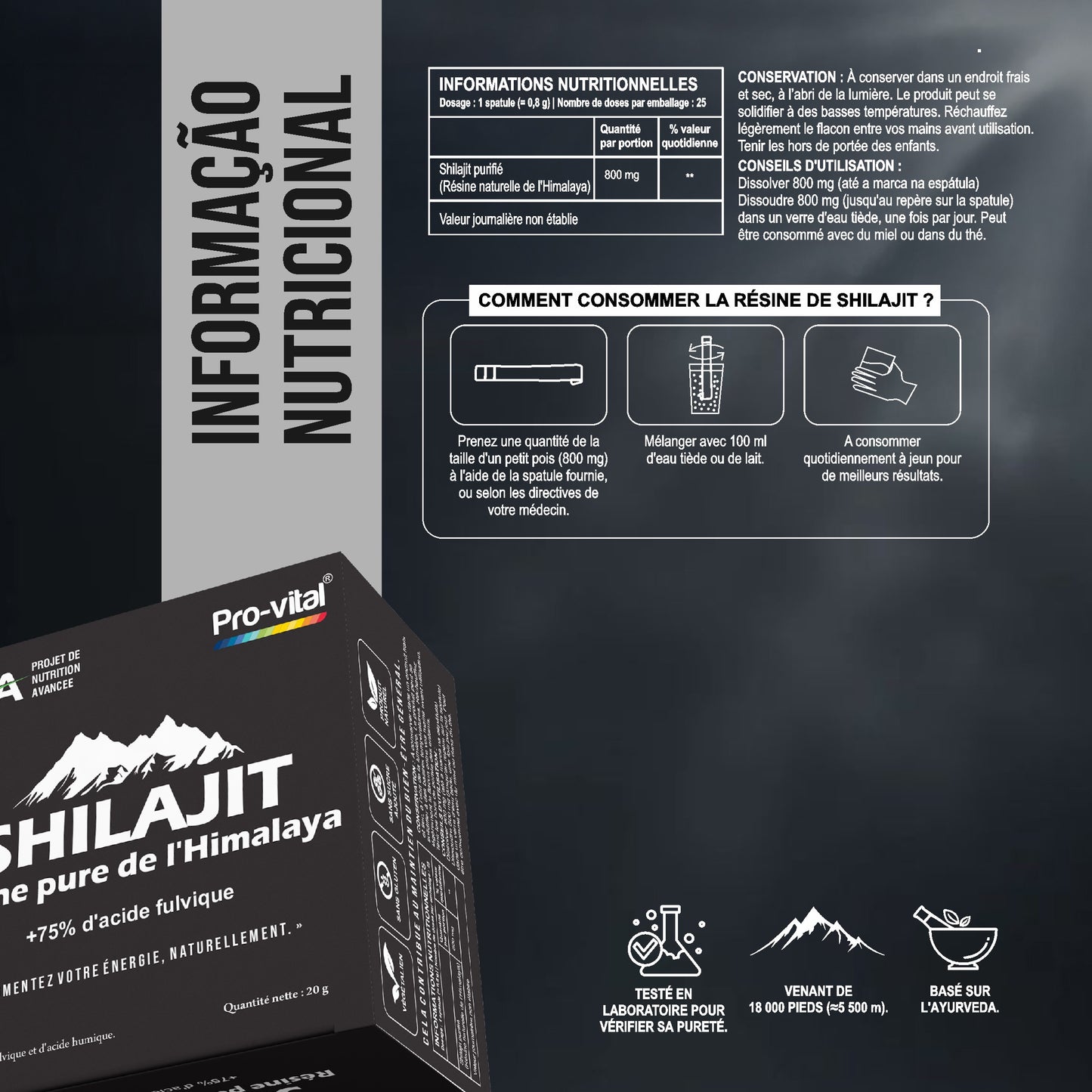 Mode d'emploi du Shilajit Pro-Vital : mélanger 800mg avec de l'eau tiède ou du lait pour de meilleurs résultats.