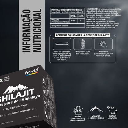 Mode d'emploi du Shilajit Pro-Vital : mélanger 800mg avec de l'eau tiède ou du lait pour de meilleurs résultats.