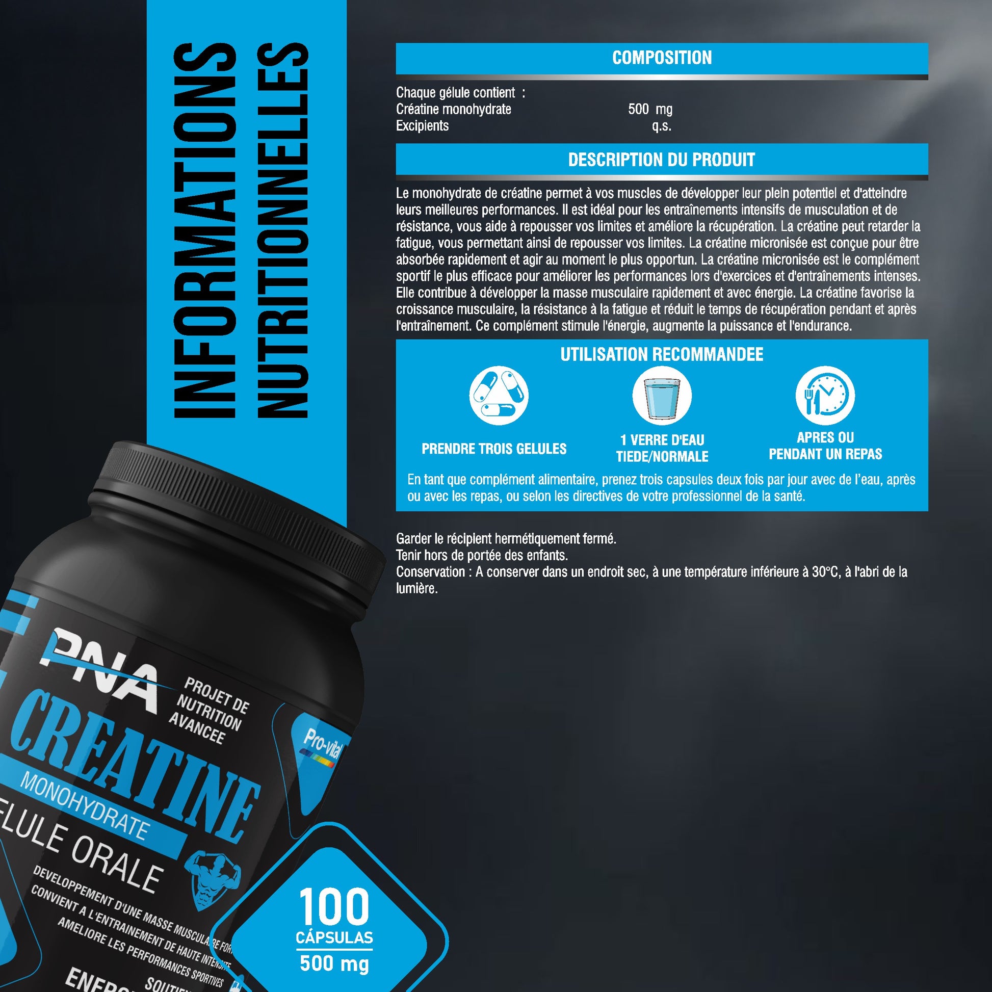 Informations nutritionnelles et mode d'emploi des gélules de créatine monohydrate de 500mg.