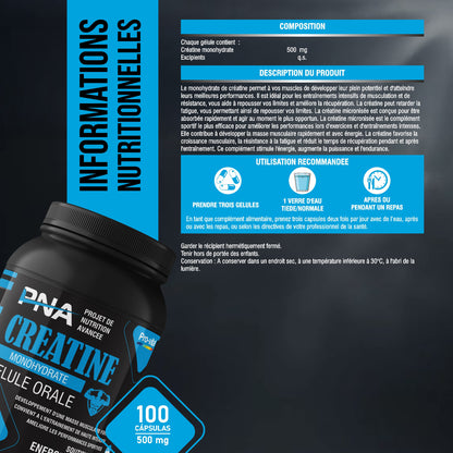 Informations nutritionnelles et mode d'emploi des gélules de créatine monohydrate de 500mg.