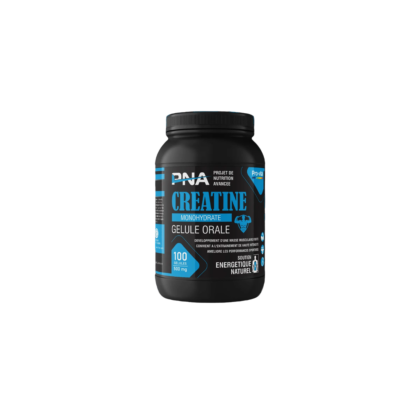 Flacon de 100 gélules de créatine monohydrate Pro-Vital, complément de force et puissance pour les sportifs.