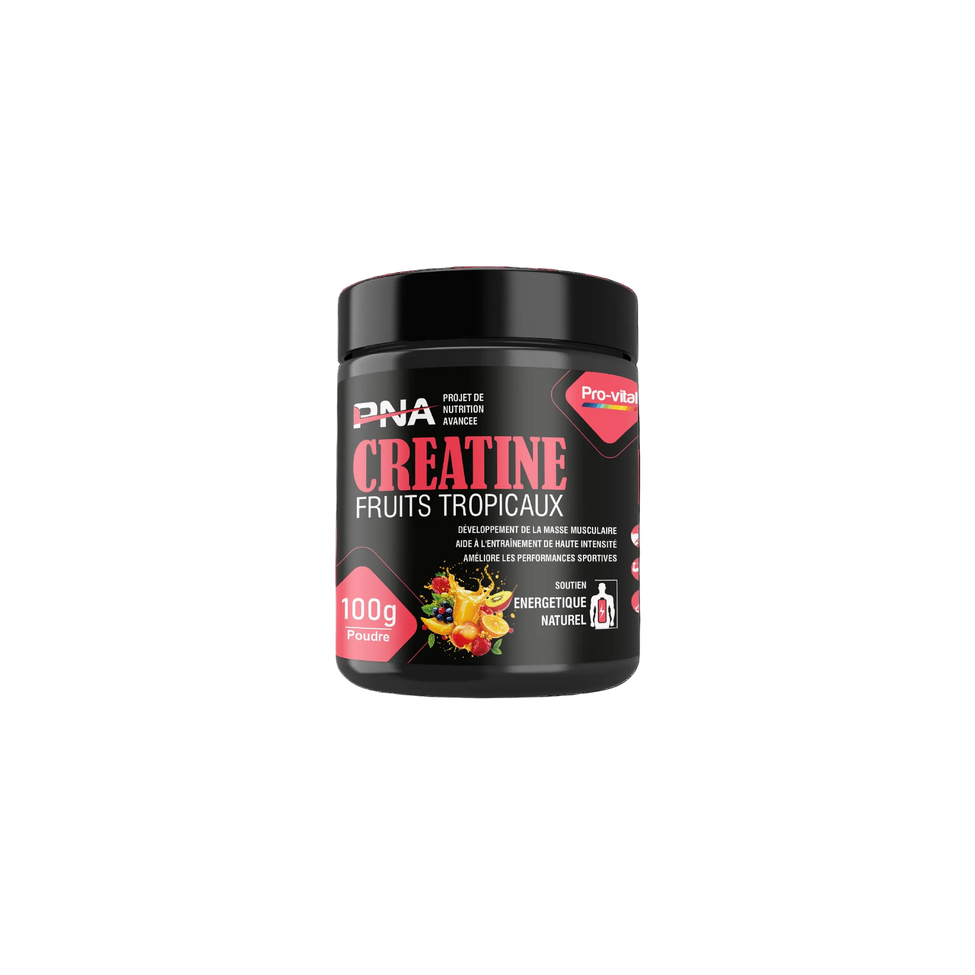 Créatine monohydrate en poudre Pro-Vital saveur fruits tropicaux pour booster les performances physiques.