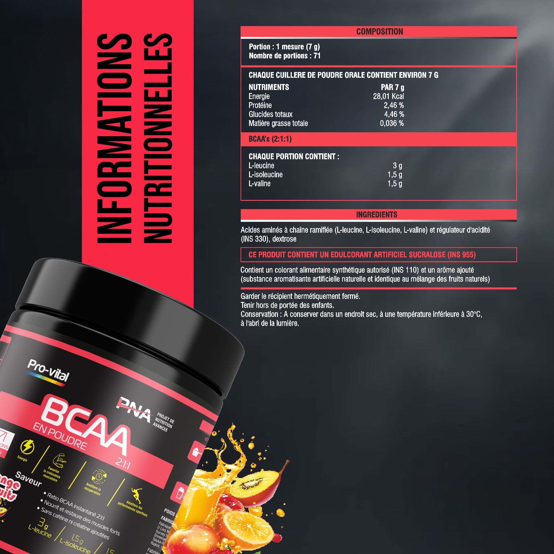 Tableau des informations nutritionnelles du BCAA 2:1:1 Pro-Vital montrant la composition en leucine, isoleucine et valine.