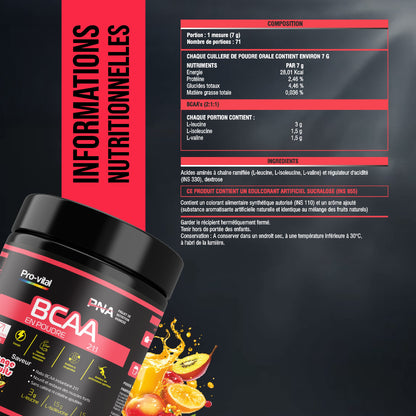 Tableau des informations nutritionnelles du BCAA 2:1:1 Pro-Vital montrant la composition en leucine, isoleucine et valine.