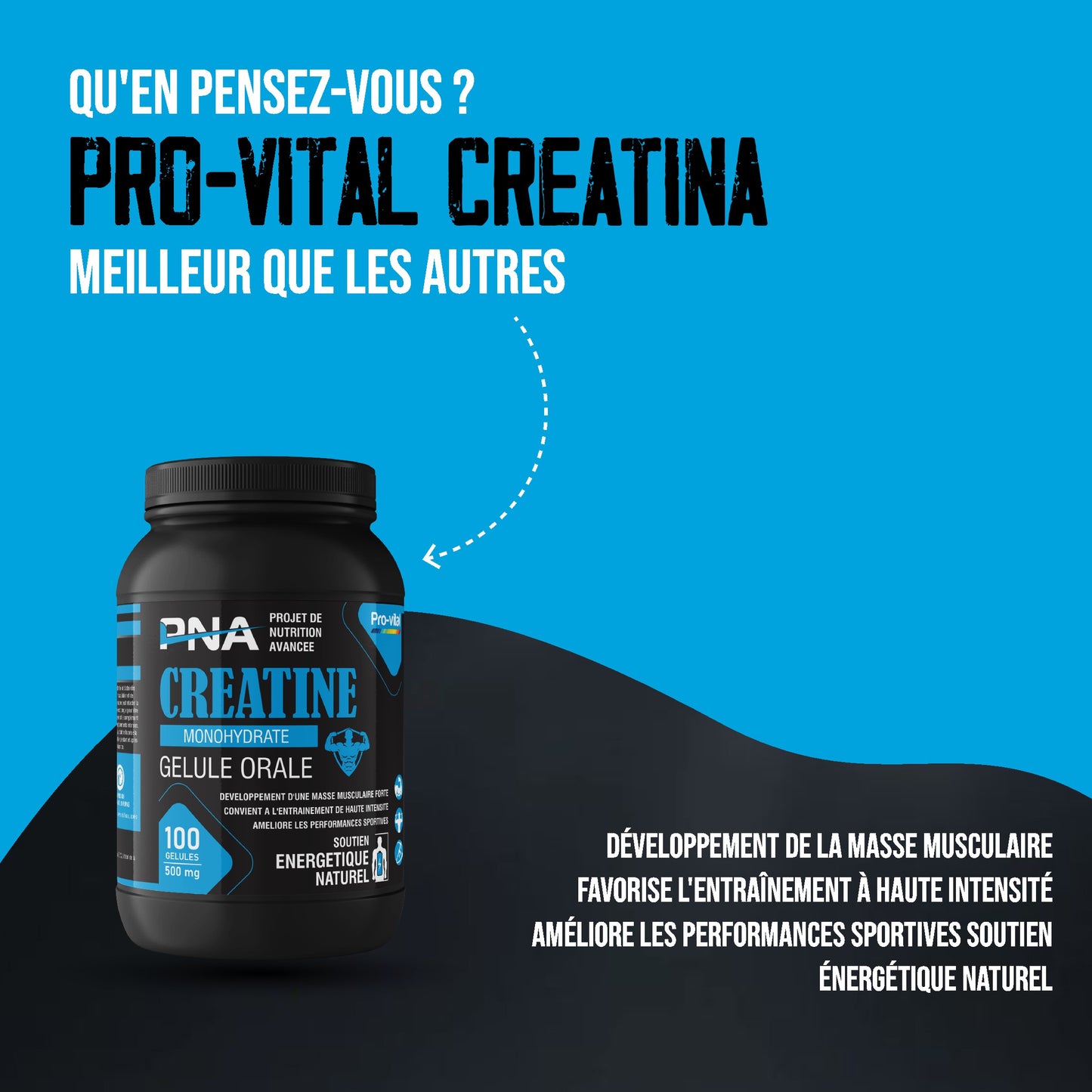 Créatine Pro-Vital en gélule orale pour le développement de la masse musculaire et l'entraînement intensif.