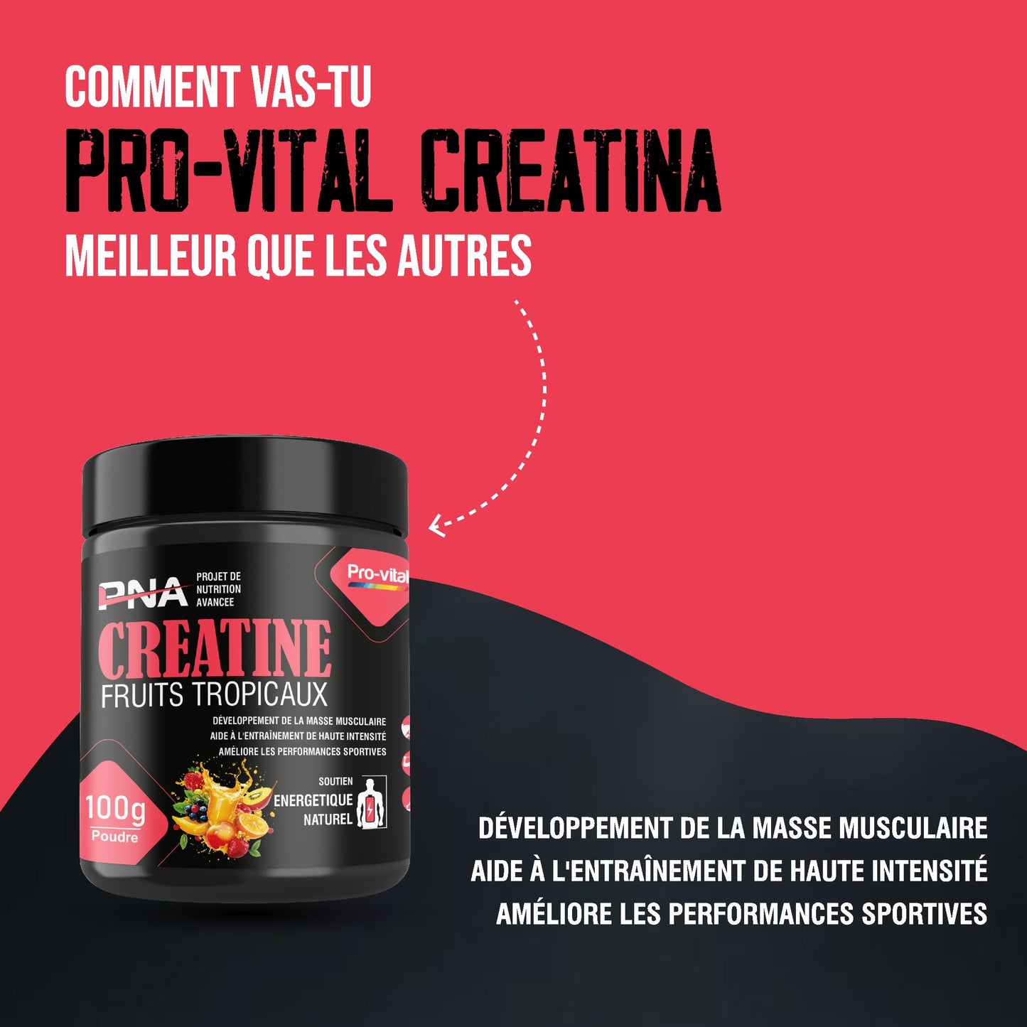 Créatine Pro-Vital en poudre 100g, meilleure pour le développement musculaire et la haute intensité.