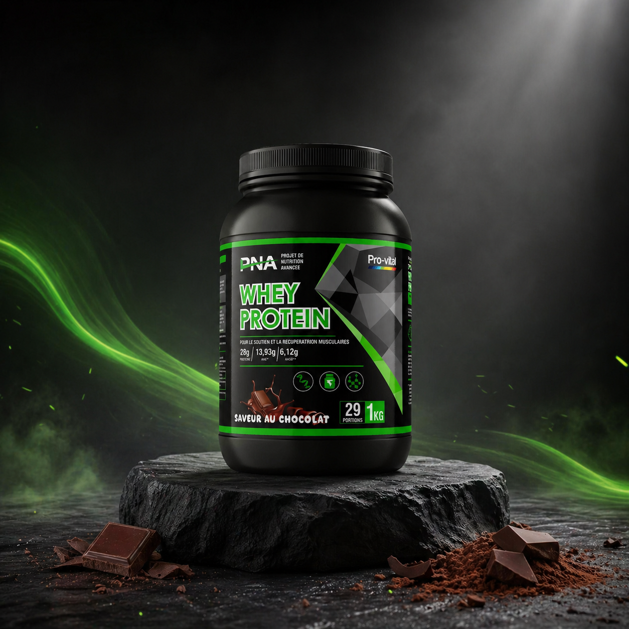 Pot de 1kg de Whey Protein Pro-Vital saveur chocolat sur un socle de pierre avec poudre de cacao et morceaux de chocolat.
