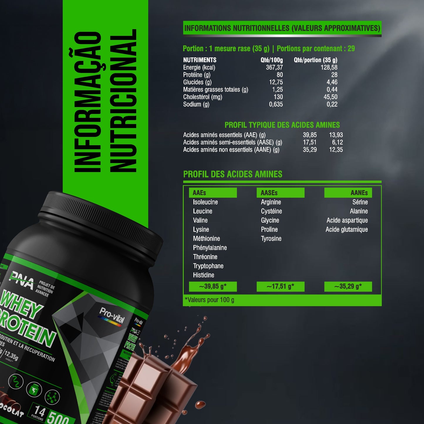 Informations nutritionnelles et profil des acides aminés de la protéine de lactosérum Pro-Vital 500g.