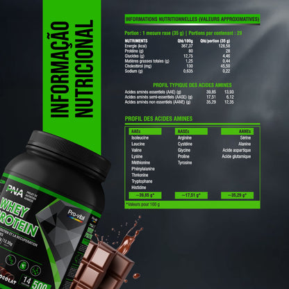 Informations nutritionnelles et profil des acides aminés de la protéine de lactosérum Pro-Vital 500g.