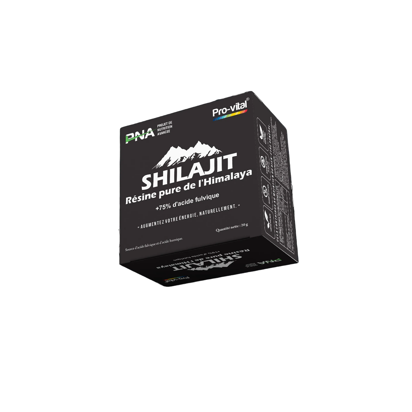 Boîte de résine de Shilajit Pro-Vital provenant de l'Himalaya, riche en acide fulvique pour la vitalité naturelle.