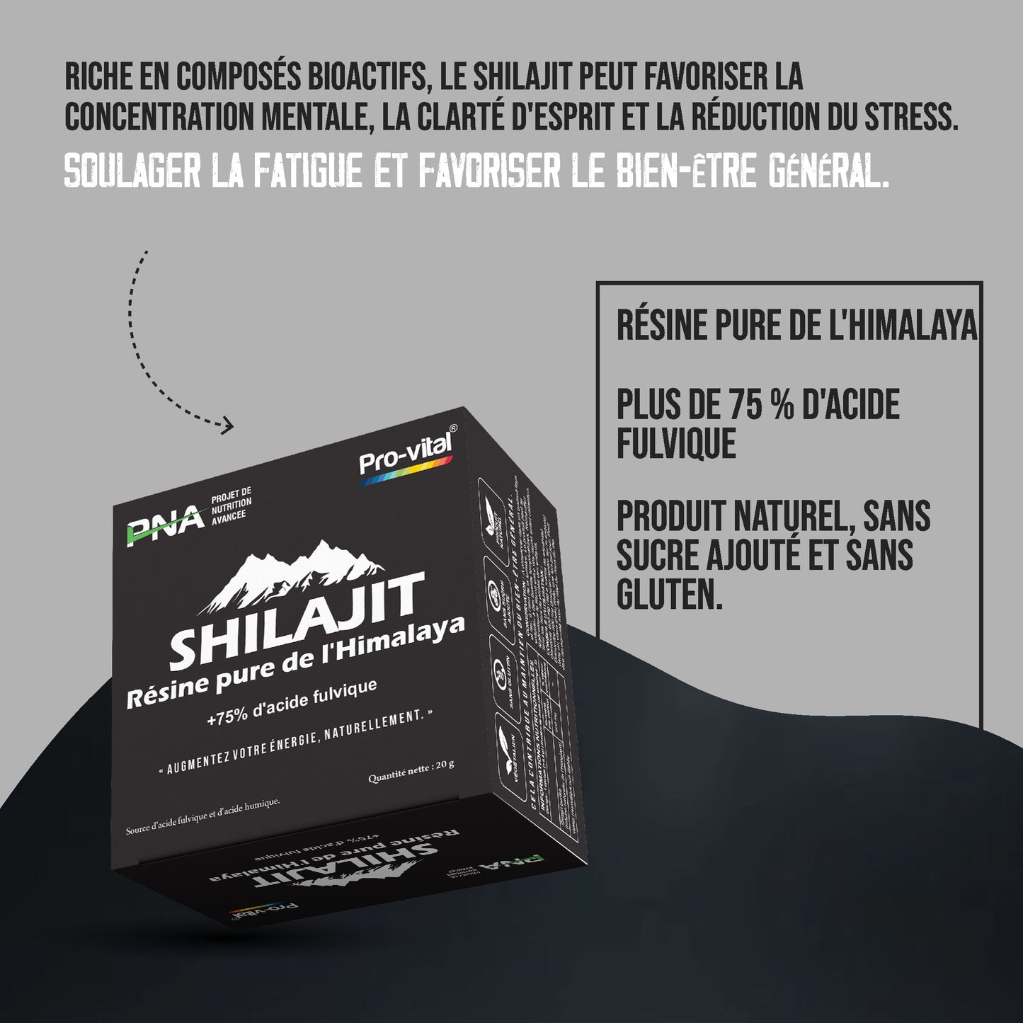 Shilajit riche en composés bioactifs pour la concentration mentale, la clarté d'esprit et la réduction du stress.