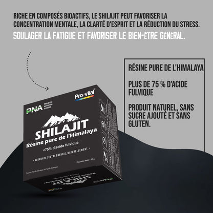 Shilajit riche en composés bioactifs pour la concentration mentale, la clarté d'esprit et la réduction du stress.