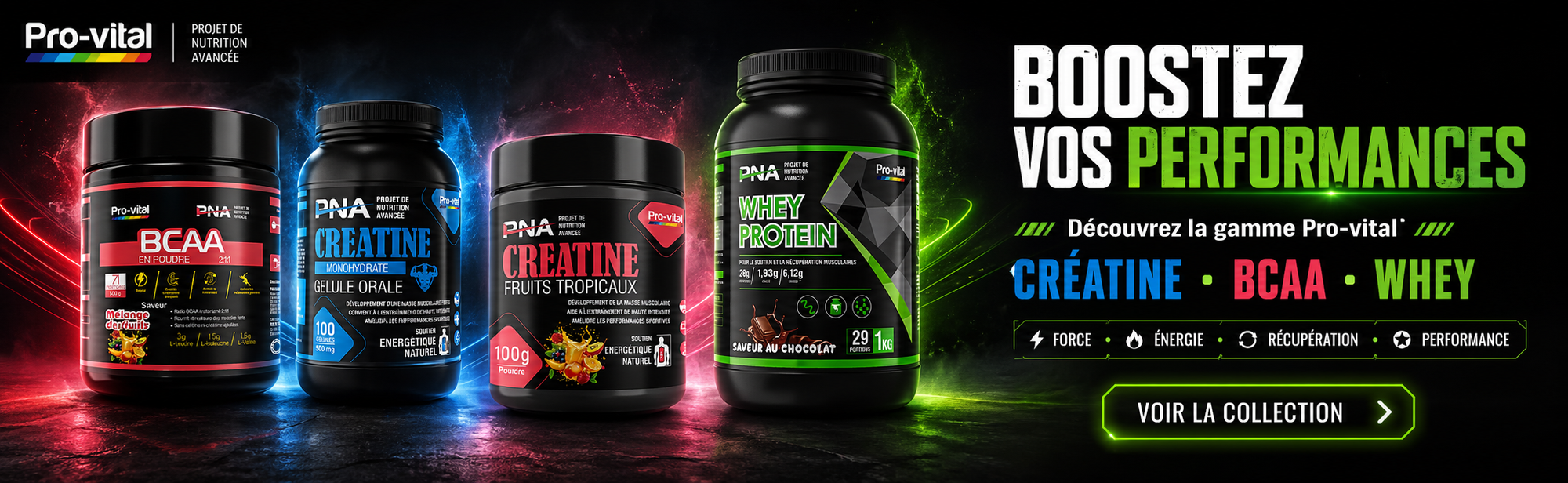 Gamme complète de suppléments Pro-Vital en RDC : Whey Protein, Créatine et BCAA pour booster vos performances sportives et votre musculation.