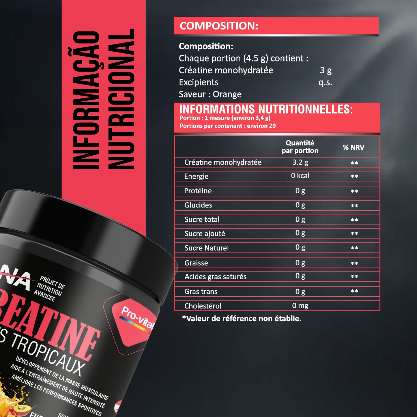 Informations nutritionnelles et composition de la créatine monohydrate Pro-Vital montrant 3g par portion.
