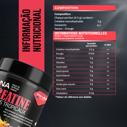 Informations nutritionnelles et composition de la créatine monohydrate Pro-Vital montrant 3g par portion.