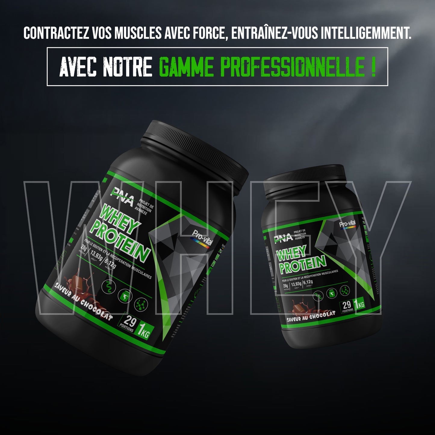Gamme de protéines Whey Pro-Vital pour contracter les muscles avec force et s'entraîner intelligemment.