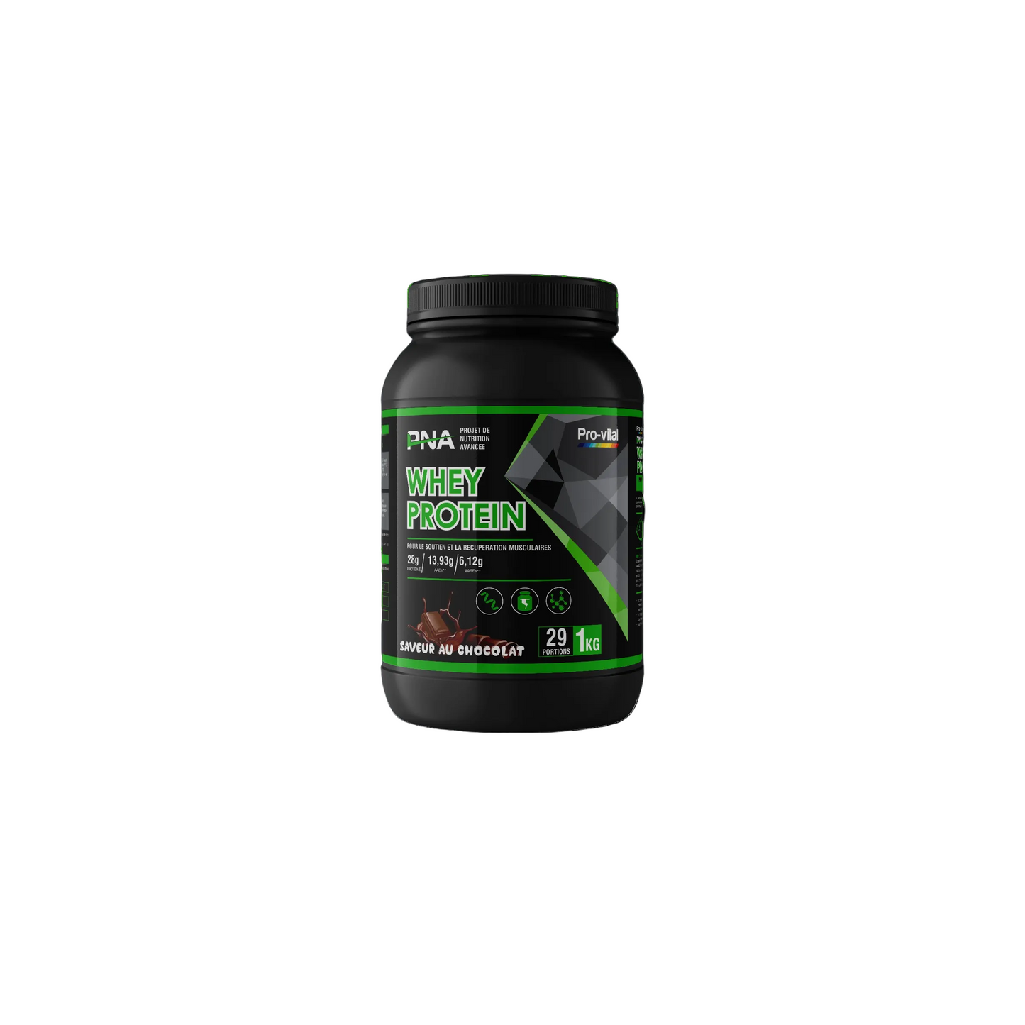 Pot de Whey Protein 1kg Pro-Vital saveur chocolat, isolat de haute qualité pour la récupération musculaire après l'entraînement.