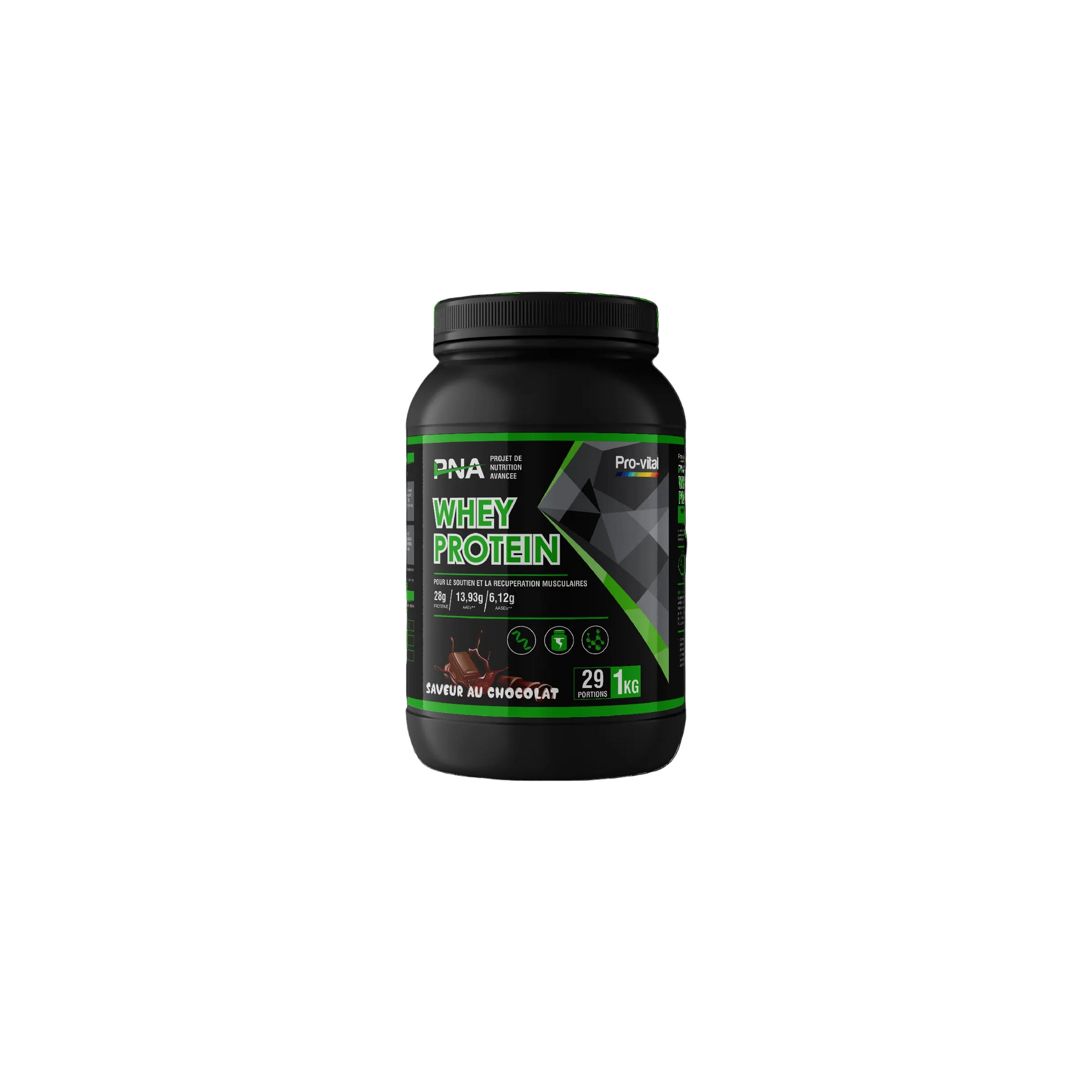 Pot de Whey Protein 1kg Pro-Vital saveur chocolat, isolat de haute qualité pour la récupération musculaire après l'entraînement.